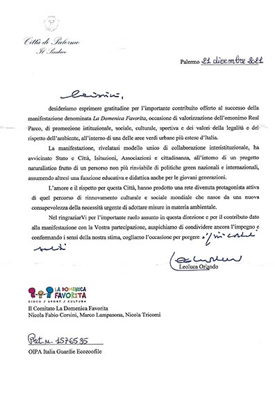 Ringraziamento alle guardie OIPA da parte del Sindaco di Palermo